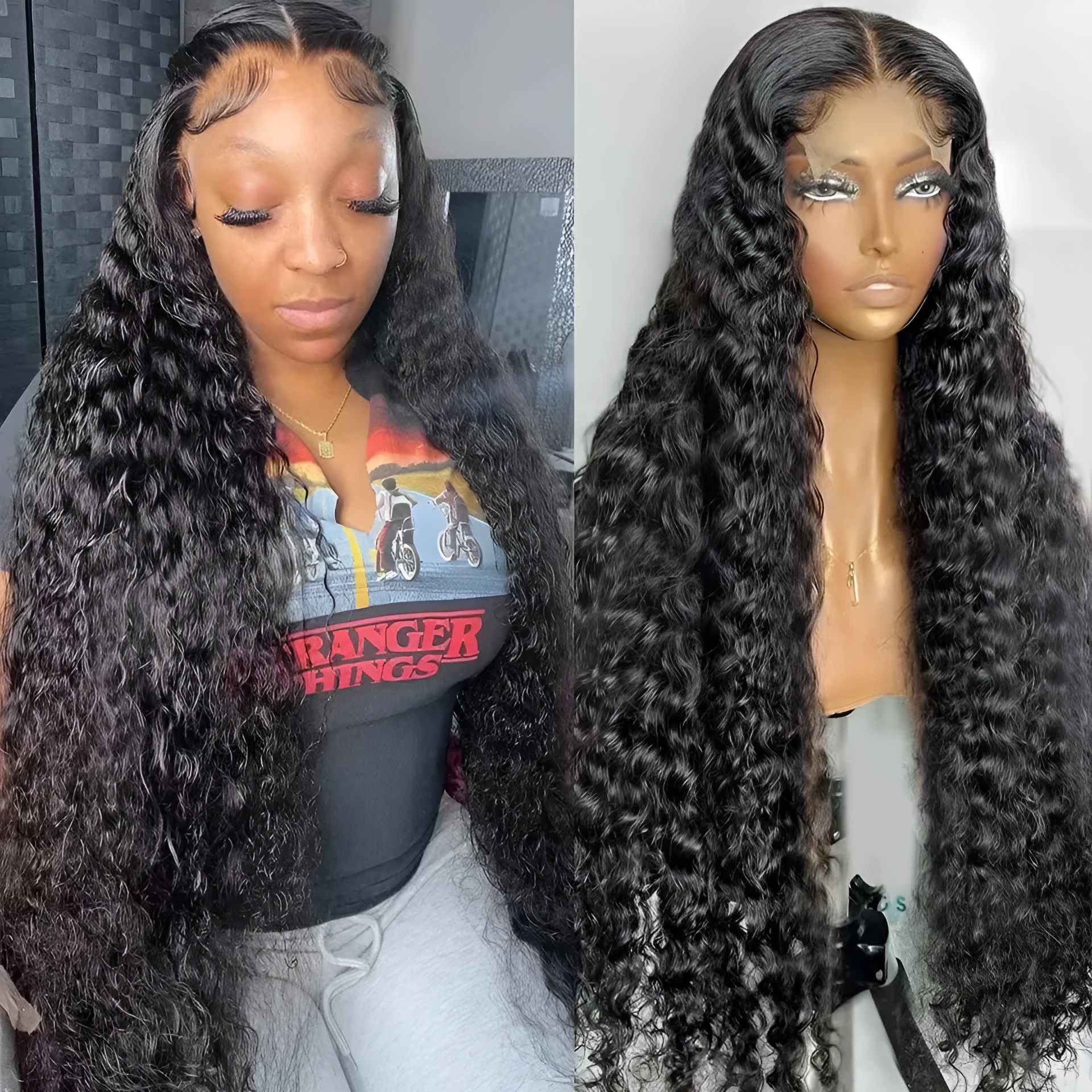Long curly lace wig headgear in natural soft look with side bangs, black colour, 12-32 inches length options