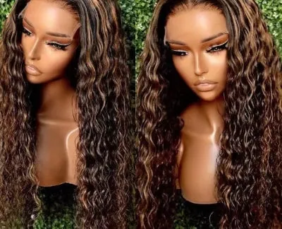 Long curly lace wig headgear in natural soft look with side bangs, black colour, 12-32 inches length options