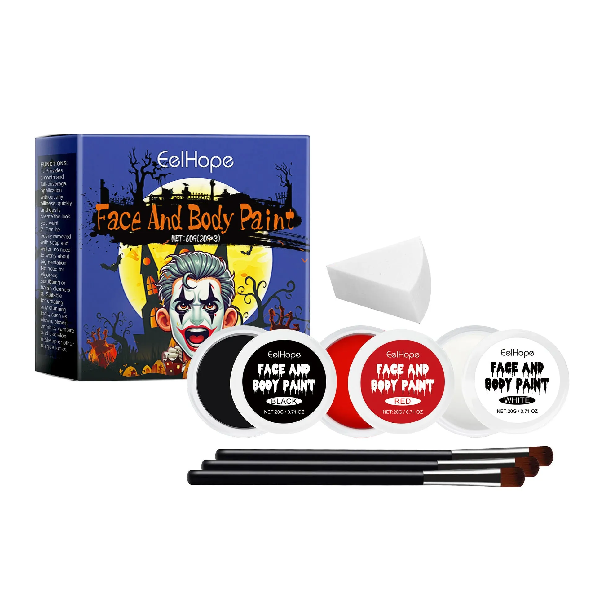 Halloween makeup palette set with red black white cream palettes brushes and sponge in box