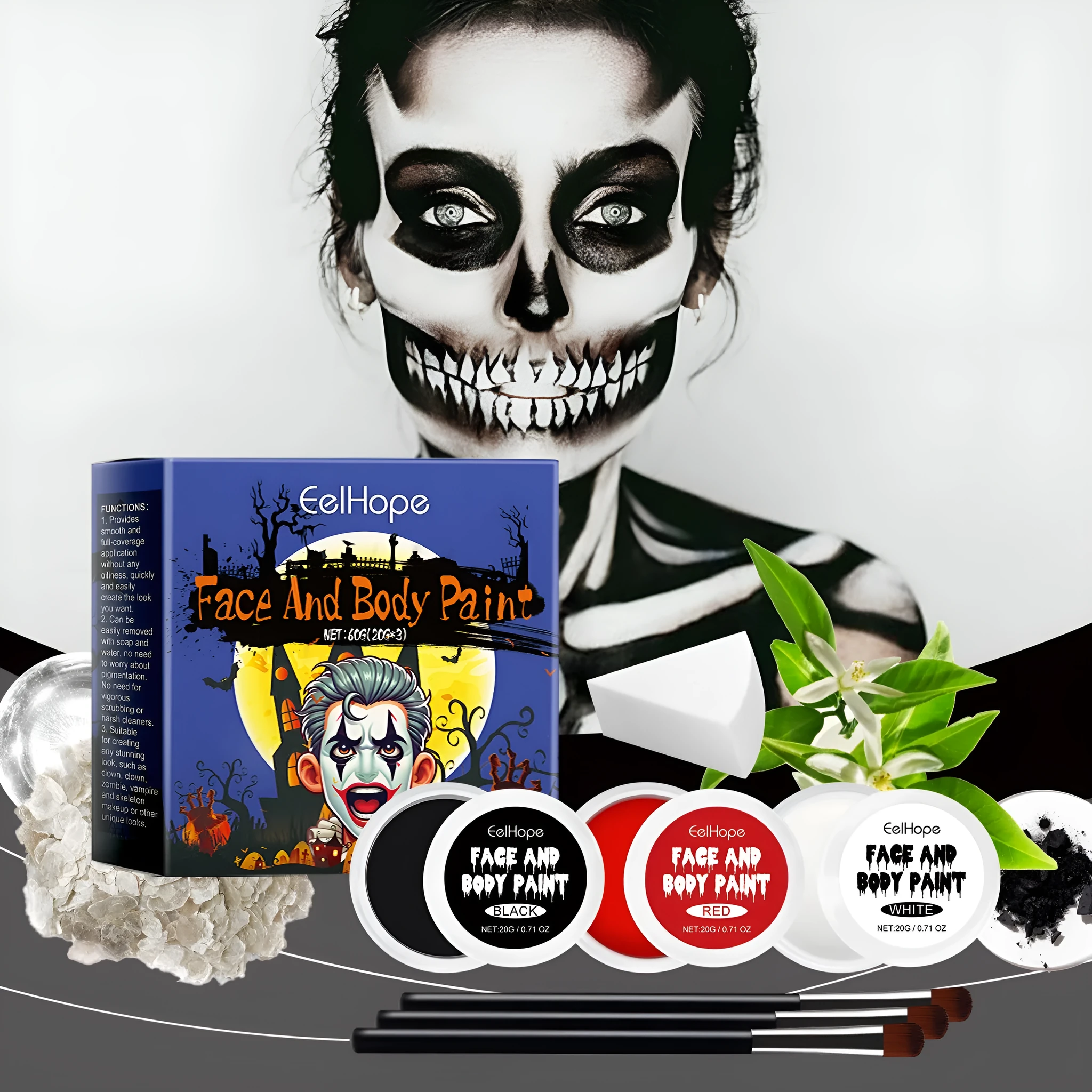 Halloween makeup palette set with red black white cream palettes brushes and sponge in box