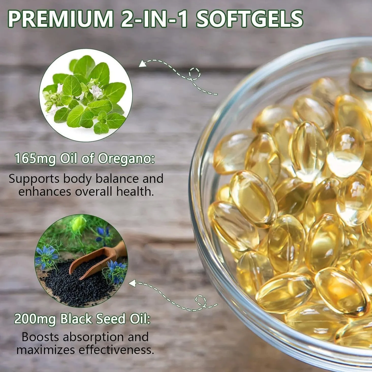 Portable black seed oil and olive oil capsules in a white bottle with 60 or 180 tablets option dietary supplement