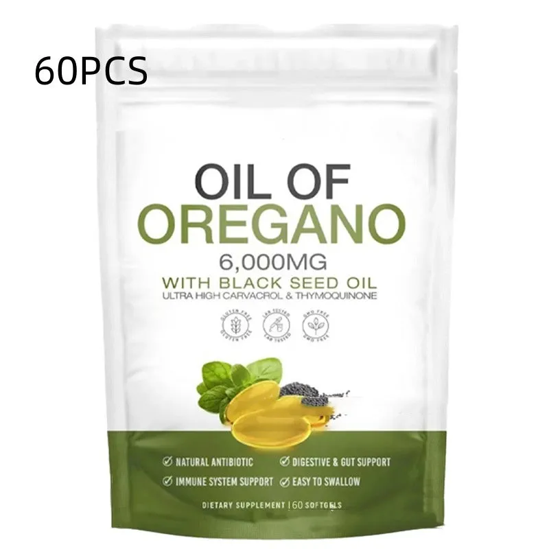 Portable black seed oil and olive oil capsules in a white bottle with 60 or 180 tablets option dietary supplement