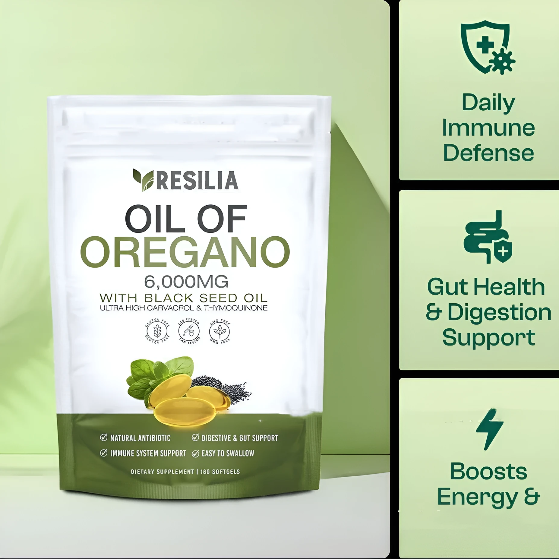 Portable black seed oil and olive oil capsules in a white bottle with 60 or 180 tablets option dietary supplement