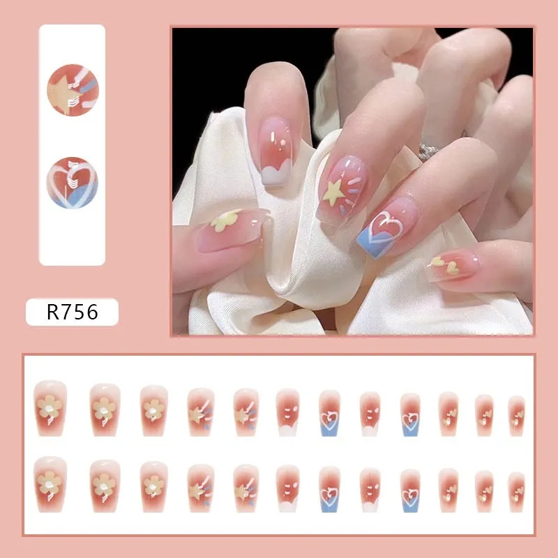 Blush flower fake nail patch set with love patterns for ladies