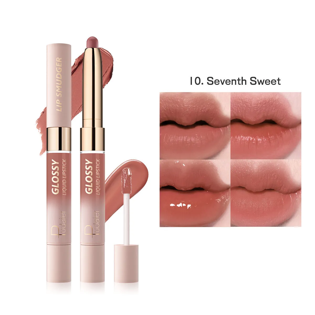 Double-headed lipstick and lip gloss in matte finish showing ten colour options 01 through 10