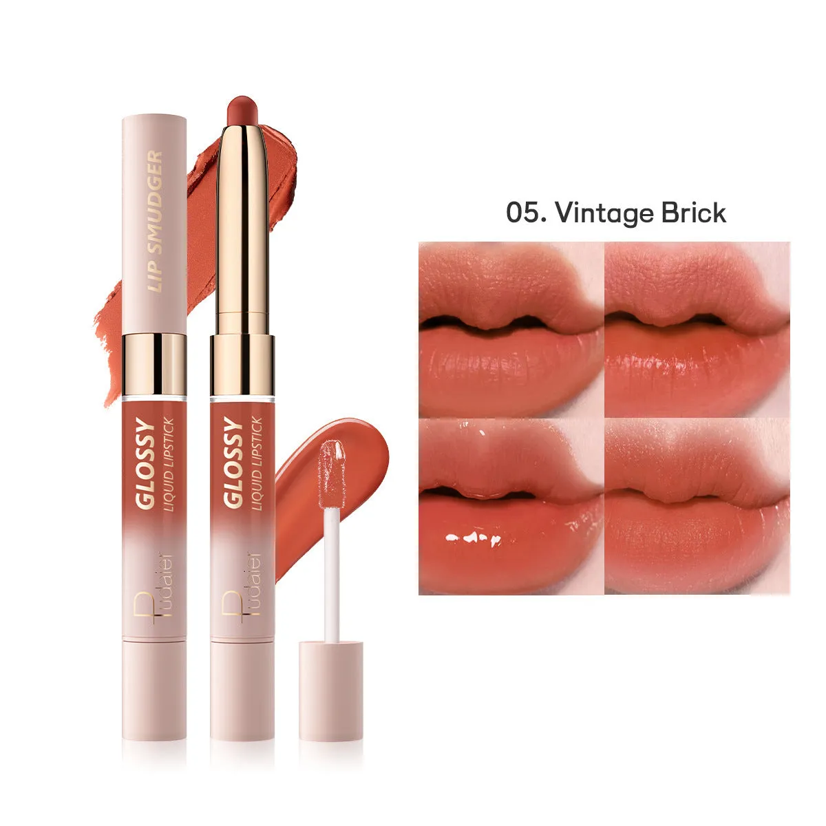 Double-headed lipstick and lip gloss in matte finish showing ten colour options 01 through 10