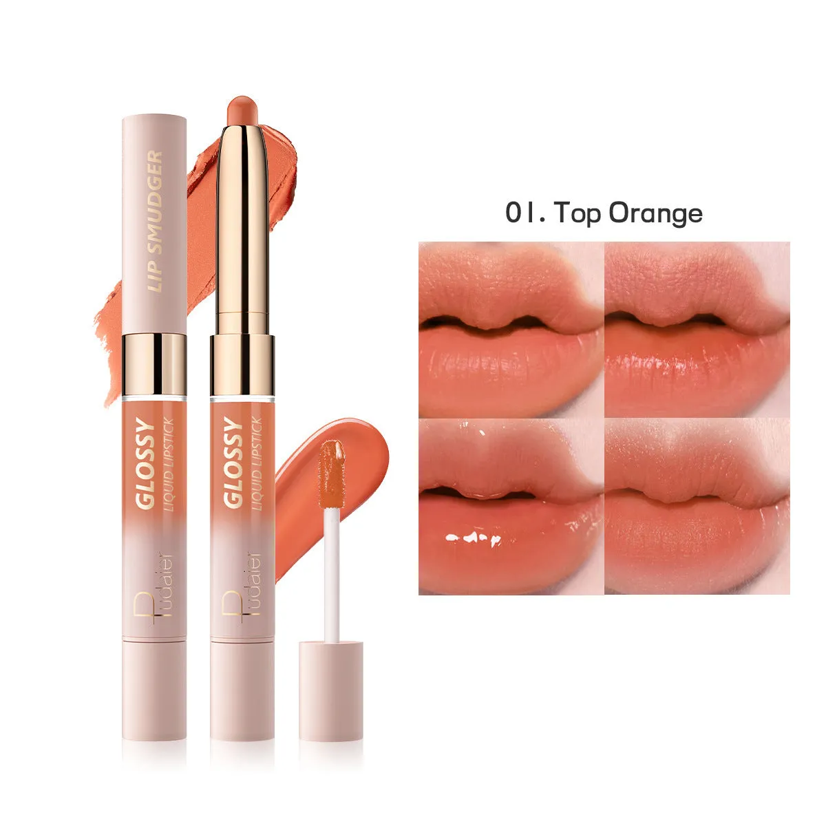 Double-headed lipstick and lip gloss in matte finish showing ten colour options 01 through 10
