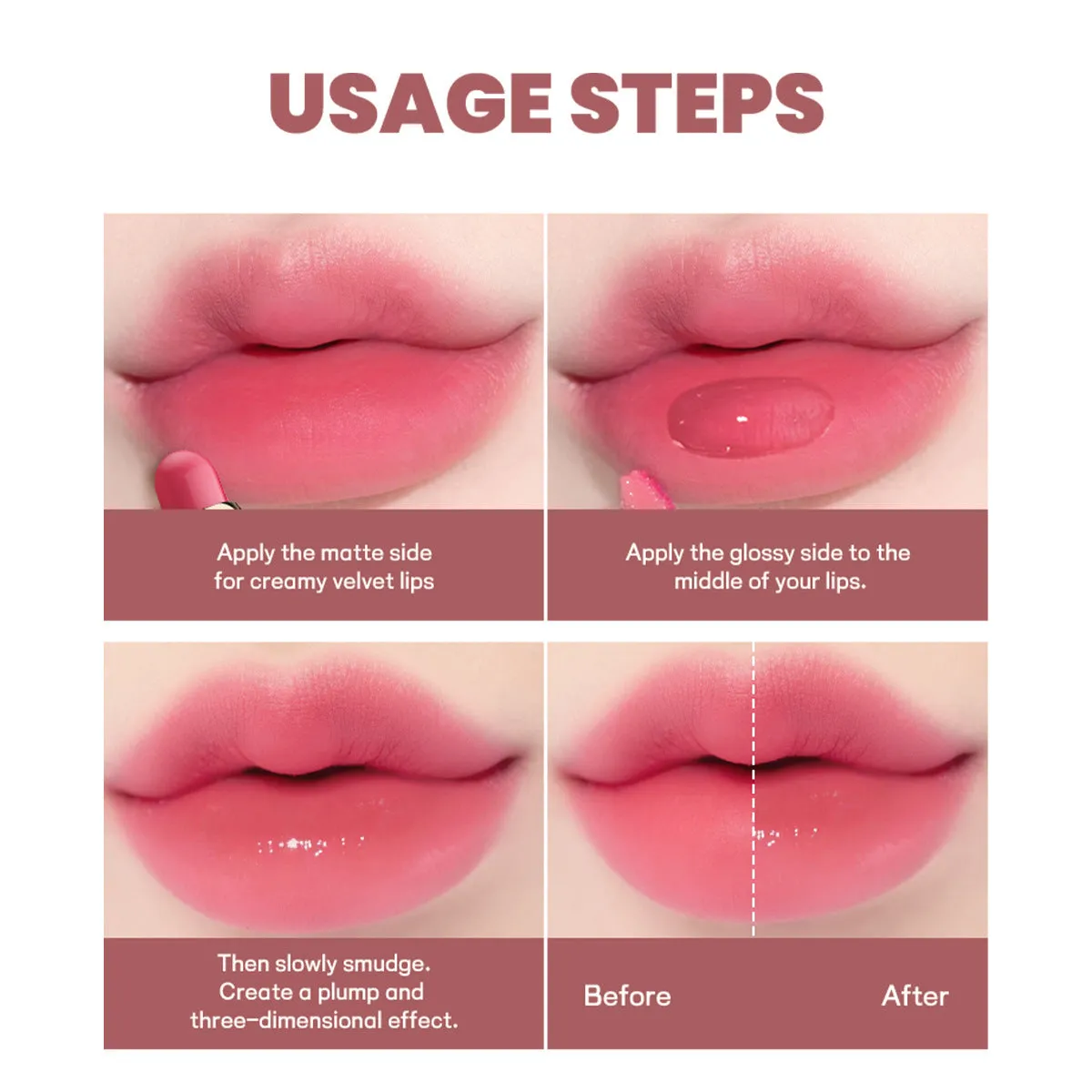 Double-headed lipstick and lip gloss in matte finish showing ten colour options 01 through 10