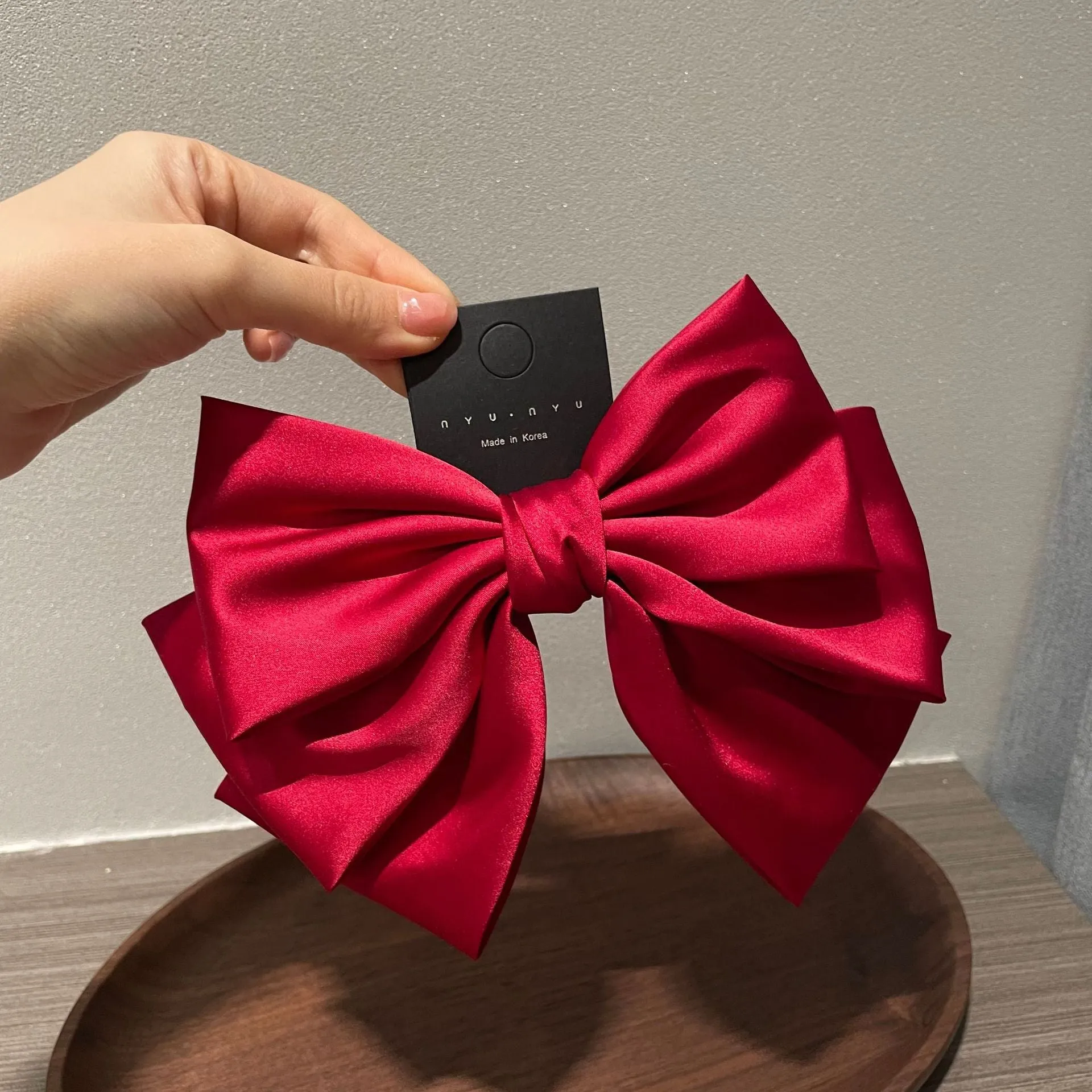 Women's solid colour satin bow barrette hair clip in black, brown, milky white, wine red, purple