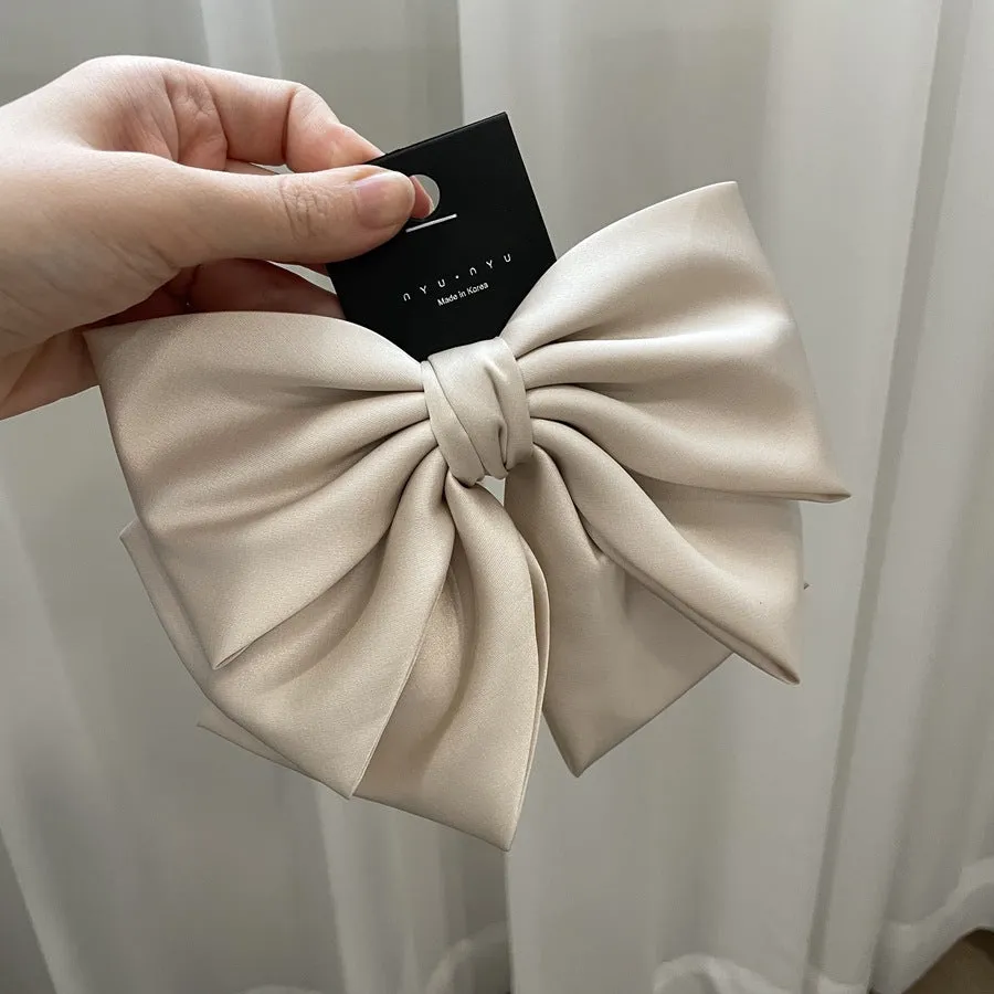 Women's solid colour satin bow barrette hair clip in black, brown, milky white, wine red, purple