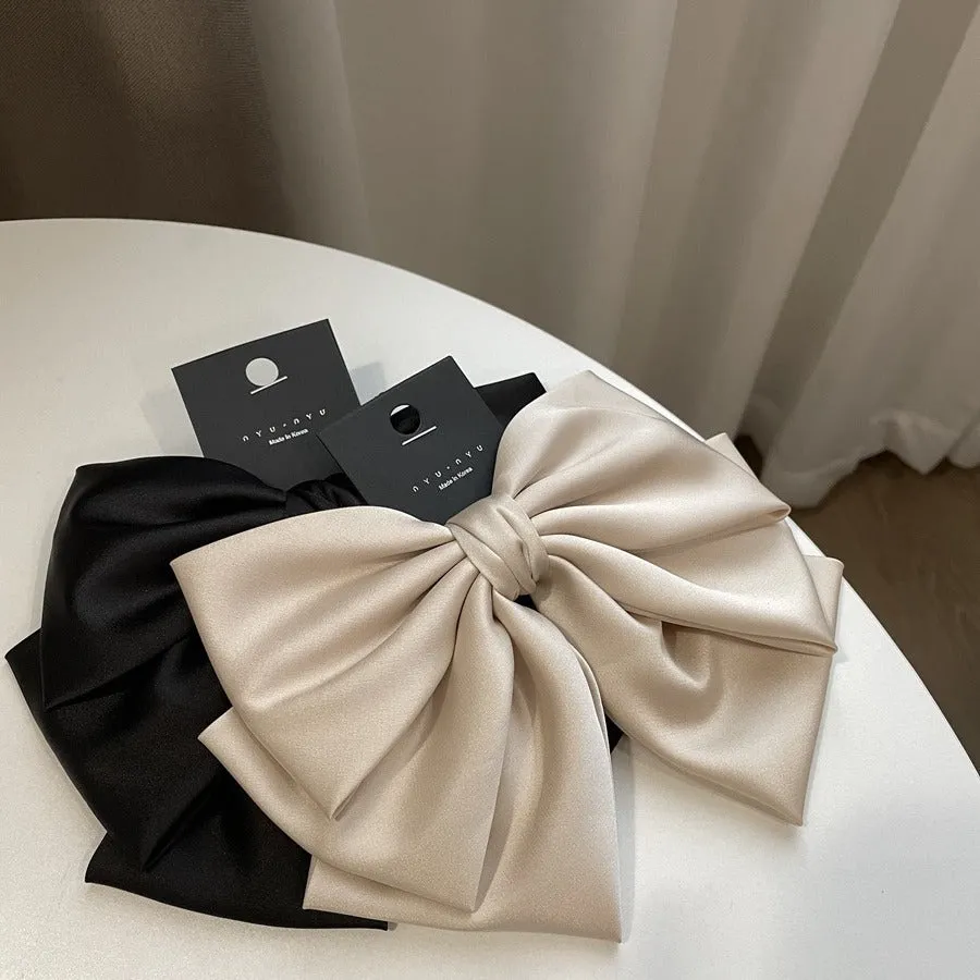 Women's solid colour satin bow barrette hair clip in black, brown, milky white, wine red, purple