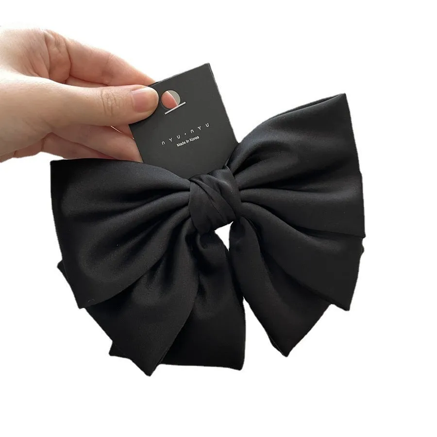 Women's solid colour satin bow barrette hair clip in black, brown, milky white, wine red, purple