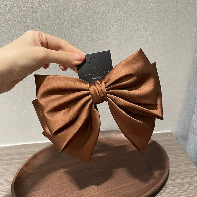 Women's solid colour satin bow barrette hair clip in black, brown, milky white, wine red, purple