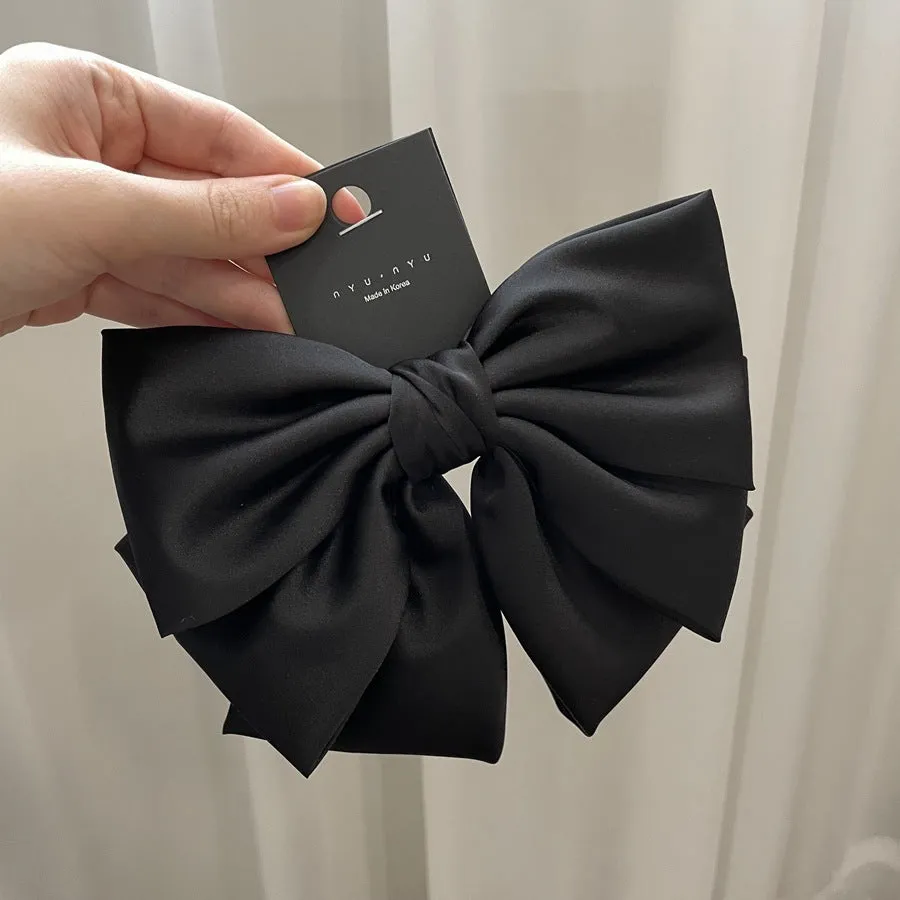 Women's solid colour satin bow barrette hair clip in black, brown, milky white, wine red, purple