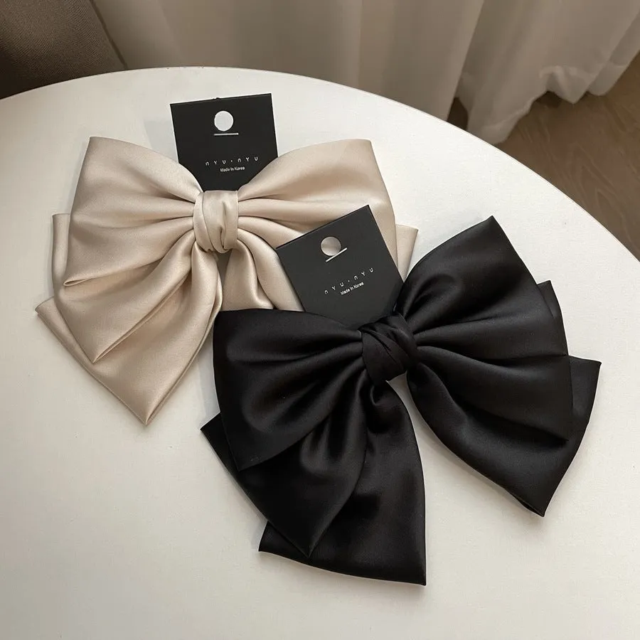 Women's solid colour satin bow barrette hair clip in black, brown, milky white, wine red, purple