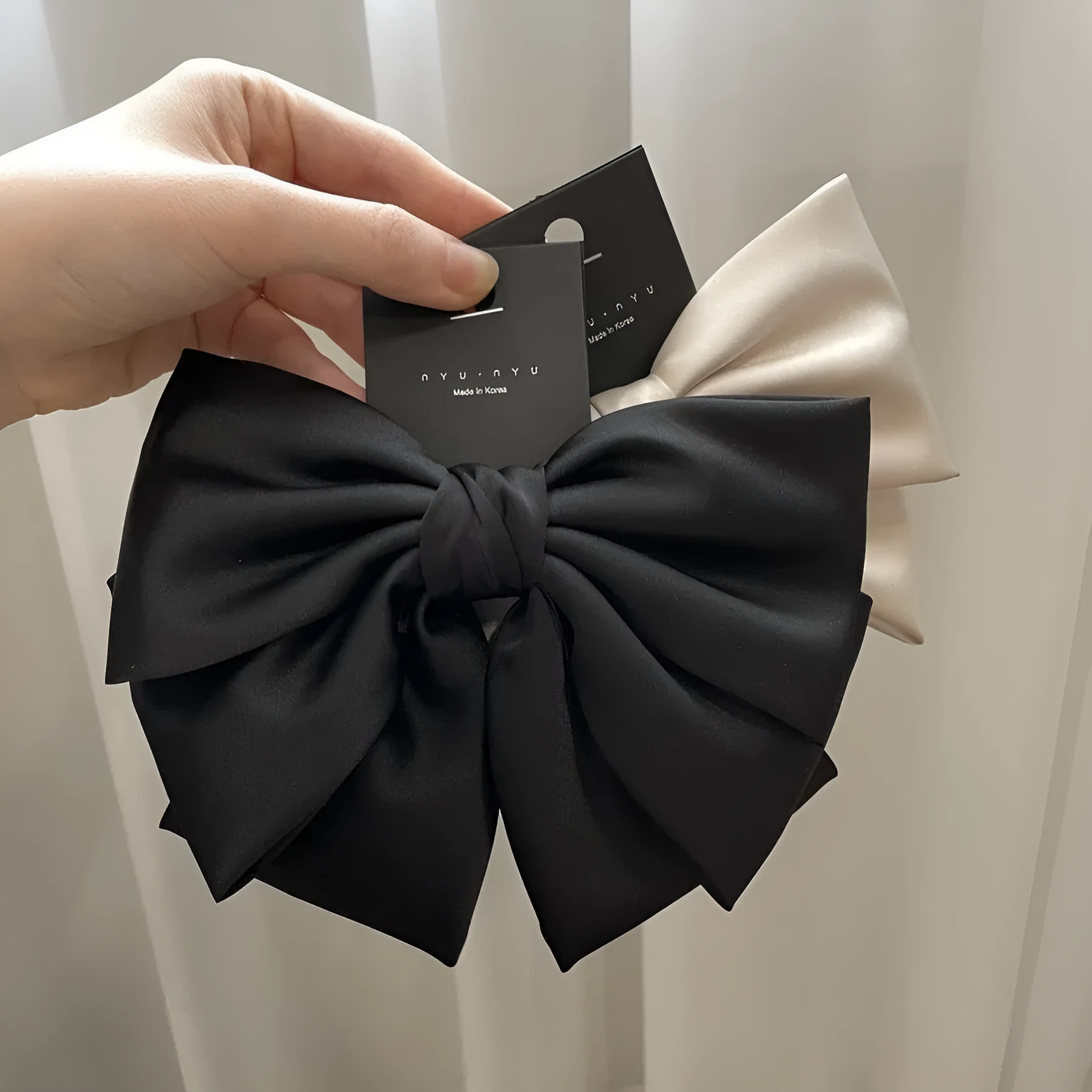 Women's solid colour satin bow barrette hair clip in black, brown, milky white, wine red, purple