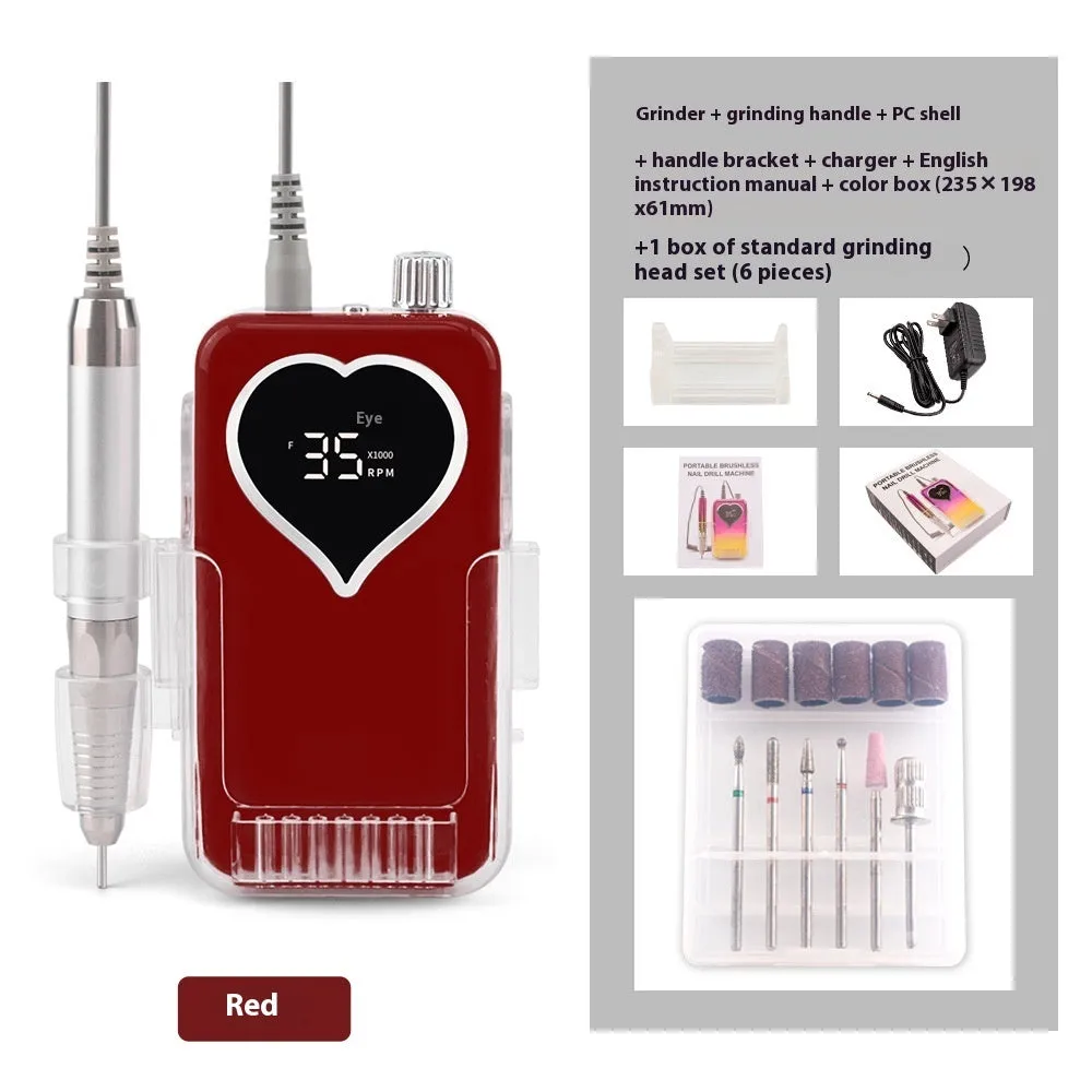 Brushless nail polishing machine with charging feature, 6 grinding heads, white body, and handle bracket