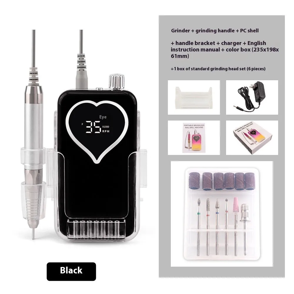 Brushless nail polishing machine with charging feature, 6 grinding heads, white body, and handle bracket