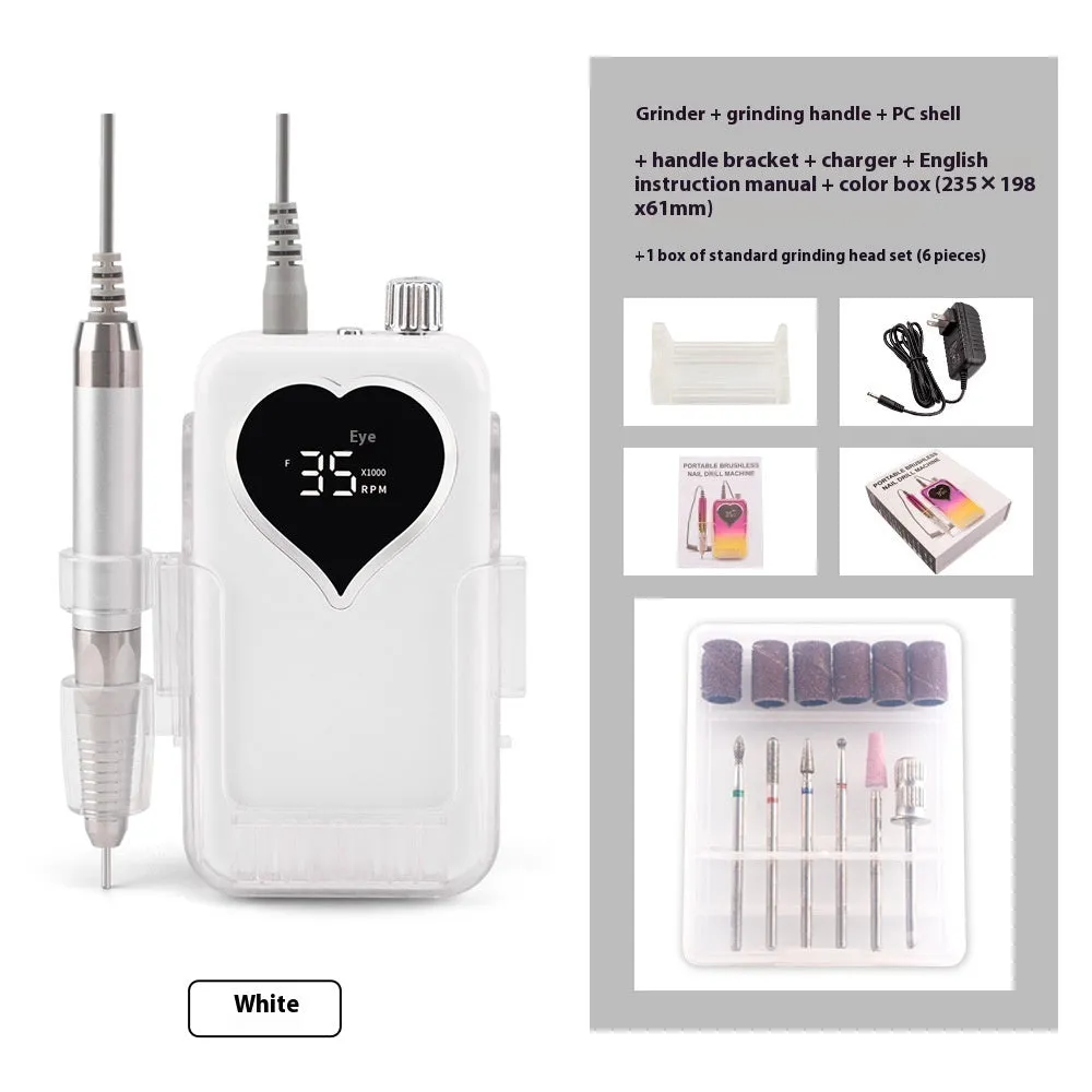 Brushless nail polishing machine with charging feature, 6 grinding heads, white body, and handle bracket