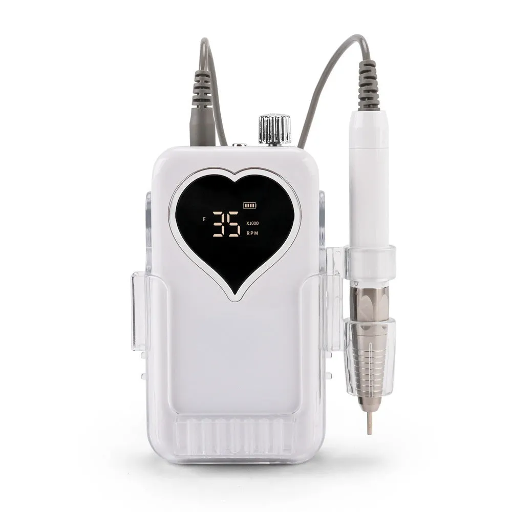 Brushless nail polishing machine with charging feature, 6 grinding heads, white body, and handle bracket