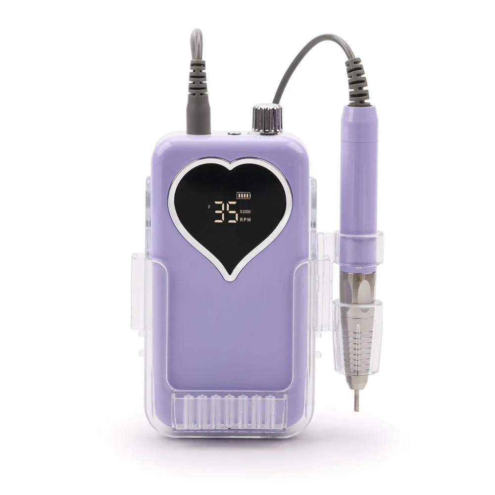 Brushless nail polishing machine with charging feature, 6 grinding heads, white body, and handle bracket