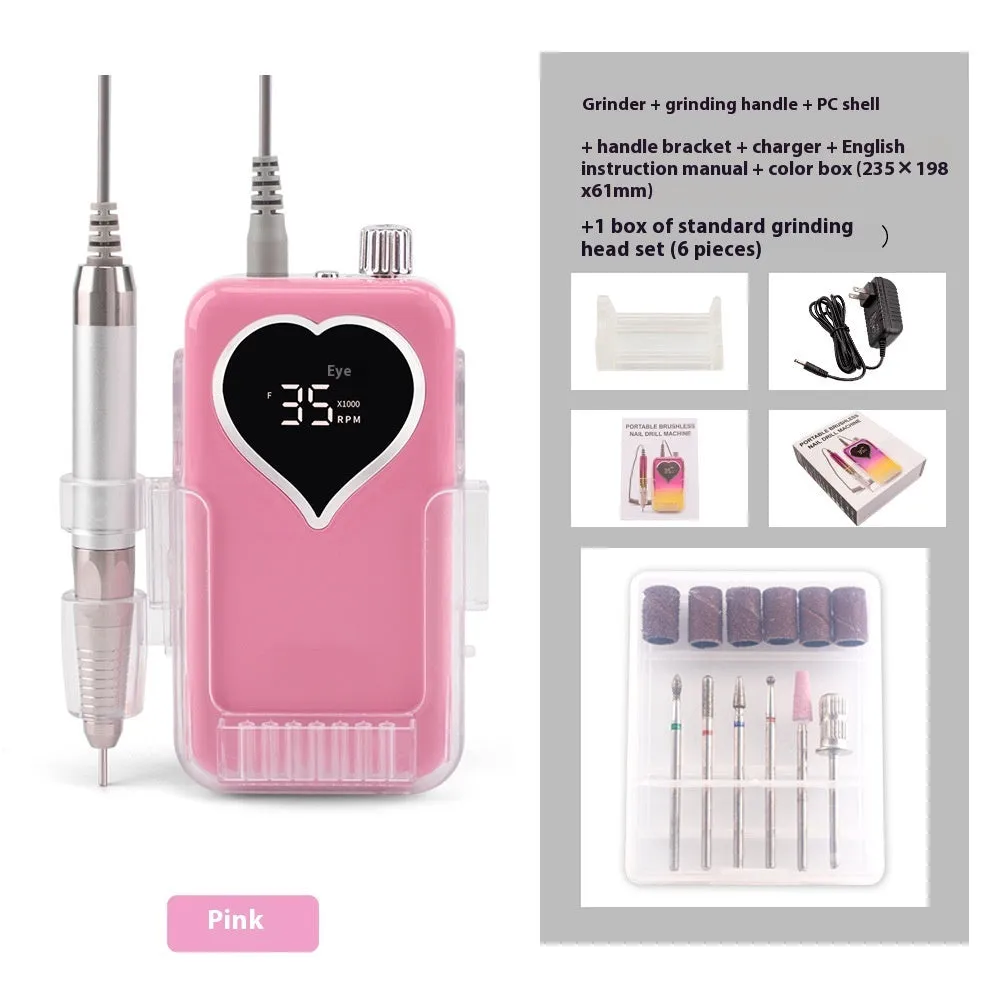 Brushless nail polishing machine with charging feature, 6 grinding heads, white body, and handle bracket