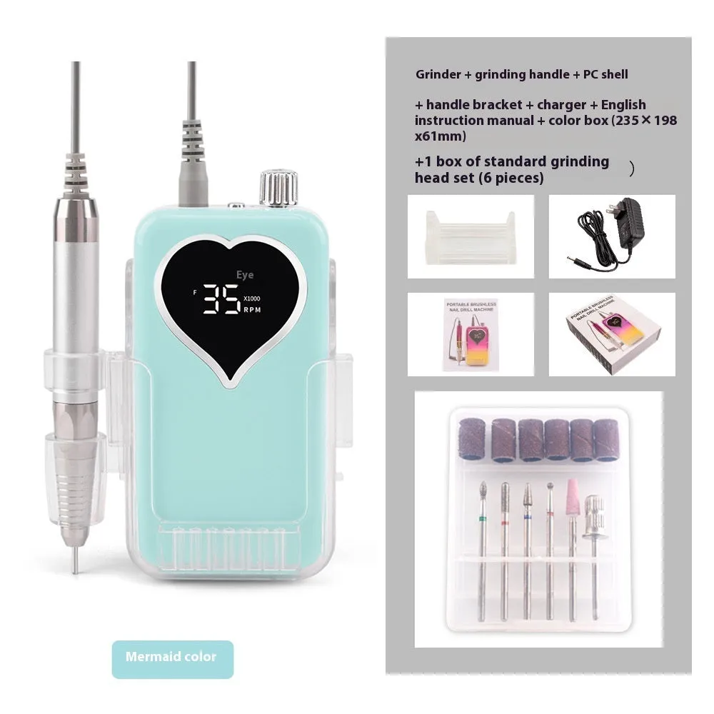Brushless nail polishing machine with charging feature, 6 grinding heads, white body, and handle bracket
