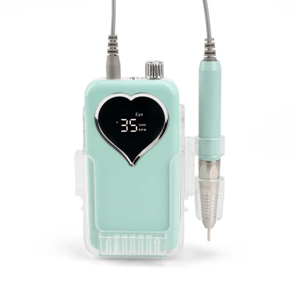 Brushless nail polishing machine with charging feature, 6 grinding heads, white body, and handle bracket