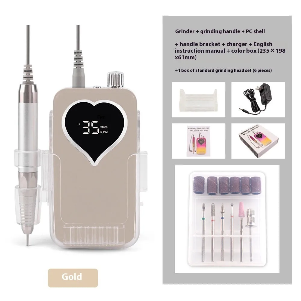 Brushless nail polishing machine with charging feature, 6 grinding heads, white body, and handle bracket
