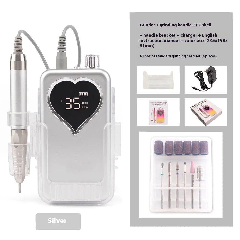 Brushless nail polishing machine with charging feature, 6 grinding heads, white body, and handle bracket