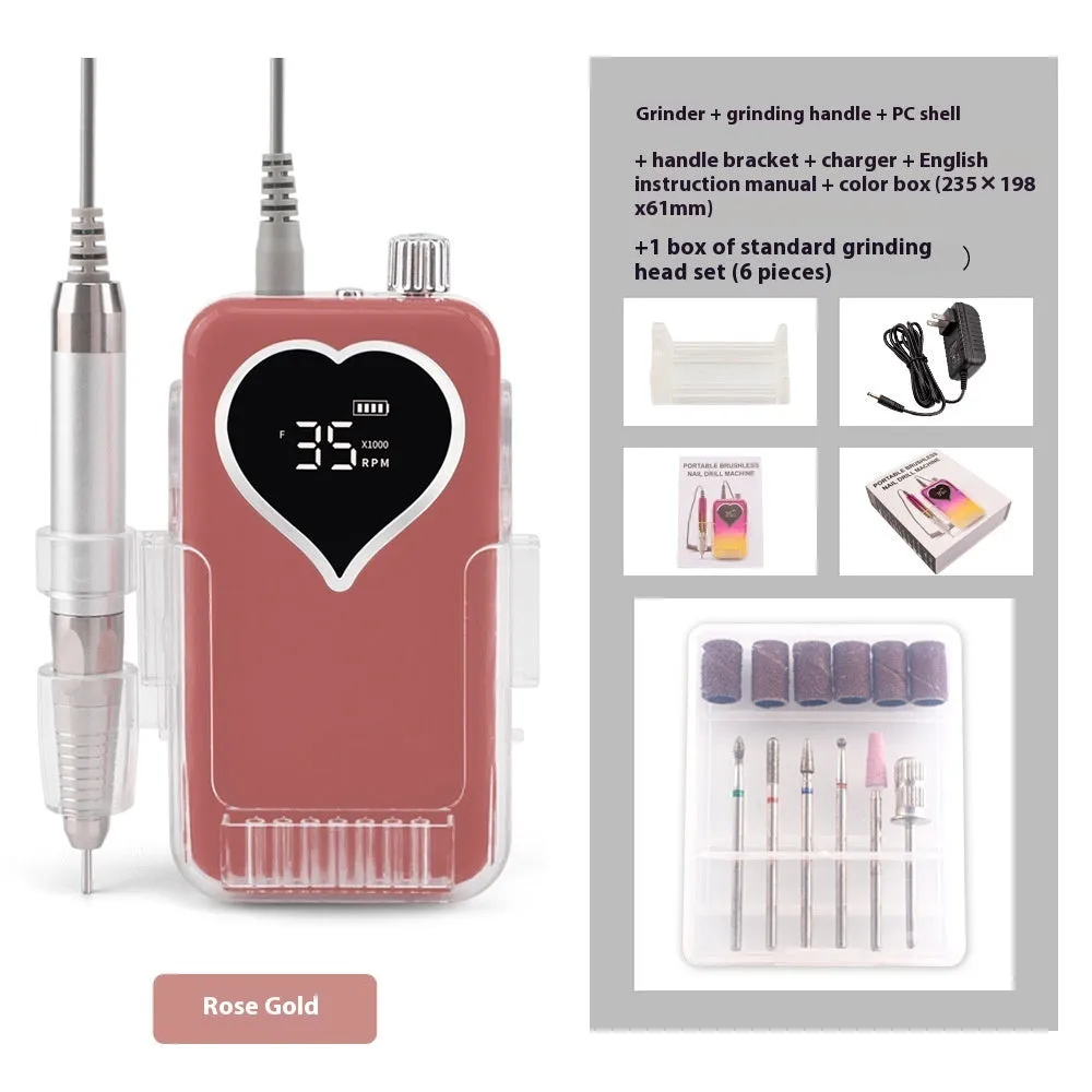 Brushless nail polishing machine with charging feature, 6 grinding heads, white body, and handle bracket