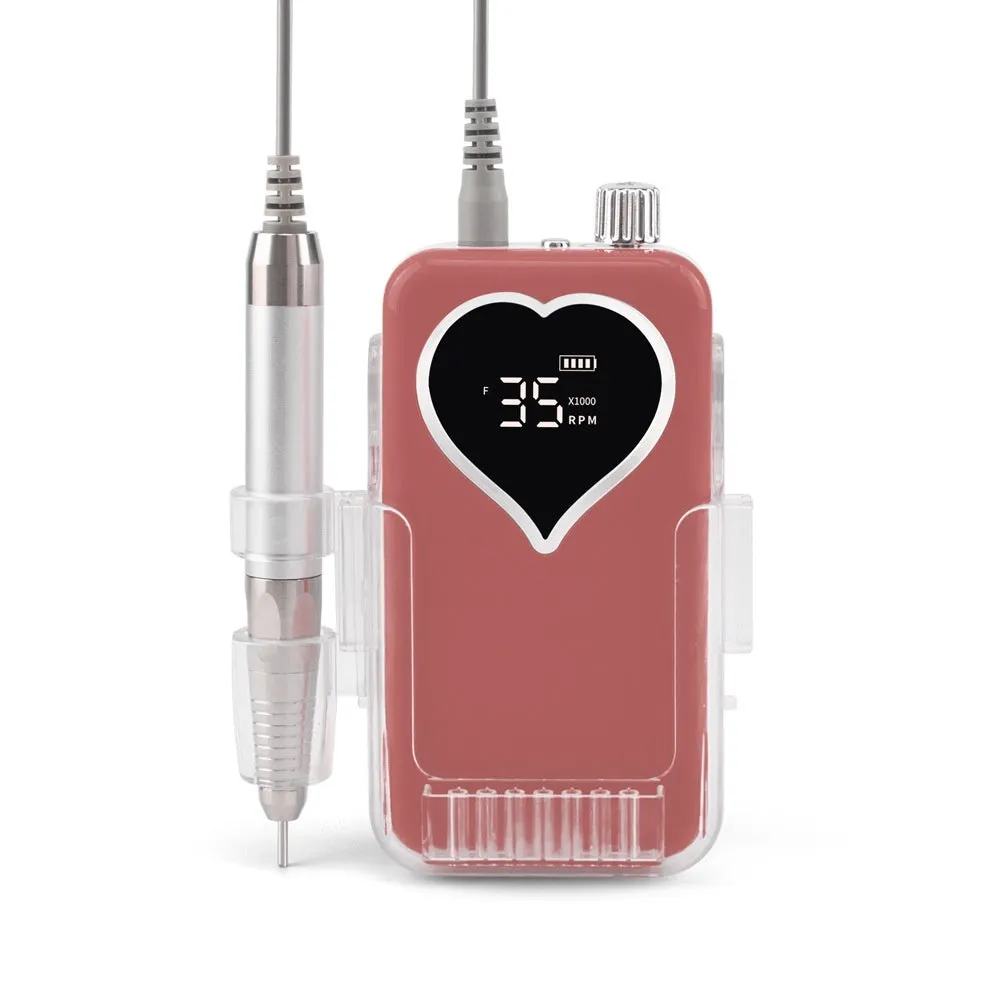 Brushless nail polishing machine with charging feature, 6 grinding heads, white body, and handle bracket