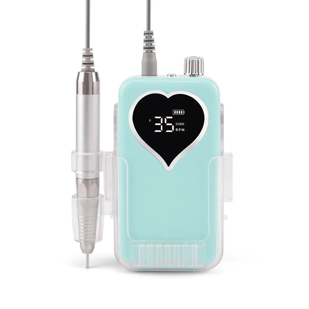 Brushless nail polishing machine with charging feature, 6 grinding heads, white body, and handle bracket