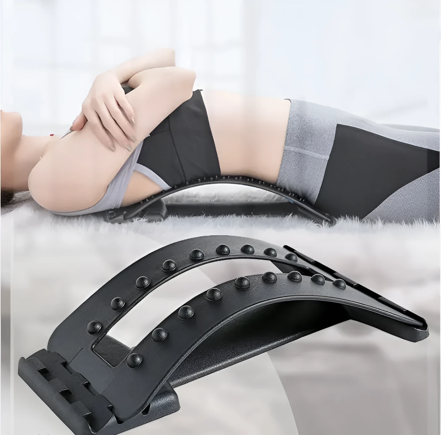 Black adjustable lumbar back massager with 96 acupressure pins and 10 magnetic points for pain relief