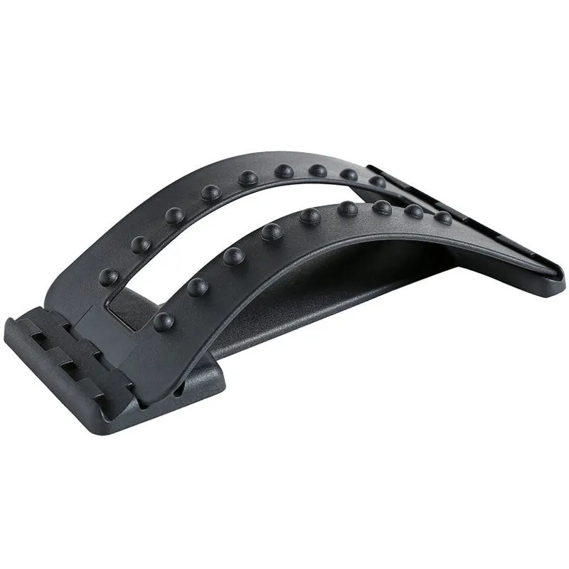 Black adjustable lumbar back massager with 96 acupressure pins and 10 magnetic points for pain relief