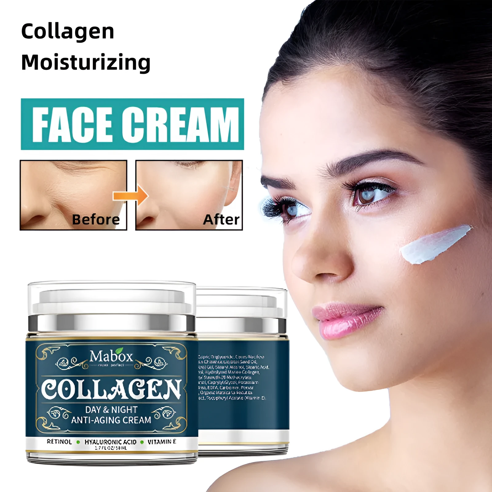 Blue jar of 50g Collagen Moisturizing Facial Cream with SPF10 for day and night use