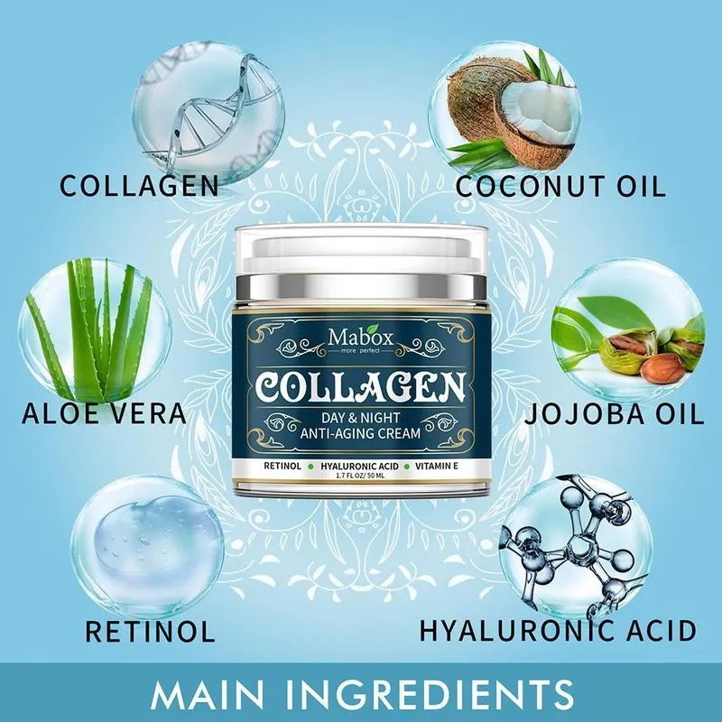 Blue jar of 50g Collagen Moisturizing Facial Cream with SPF10 for day and night use