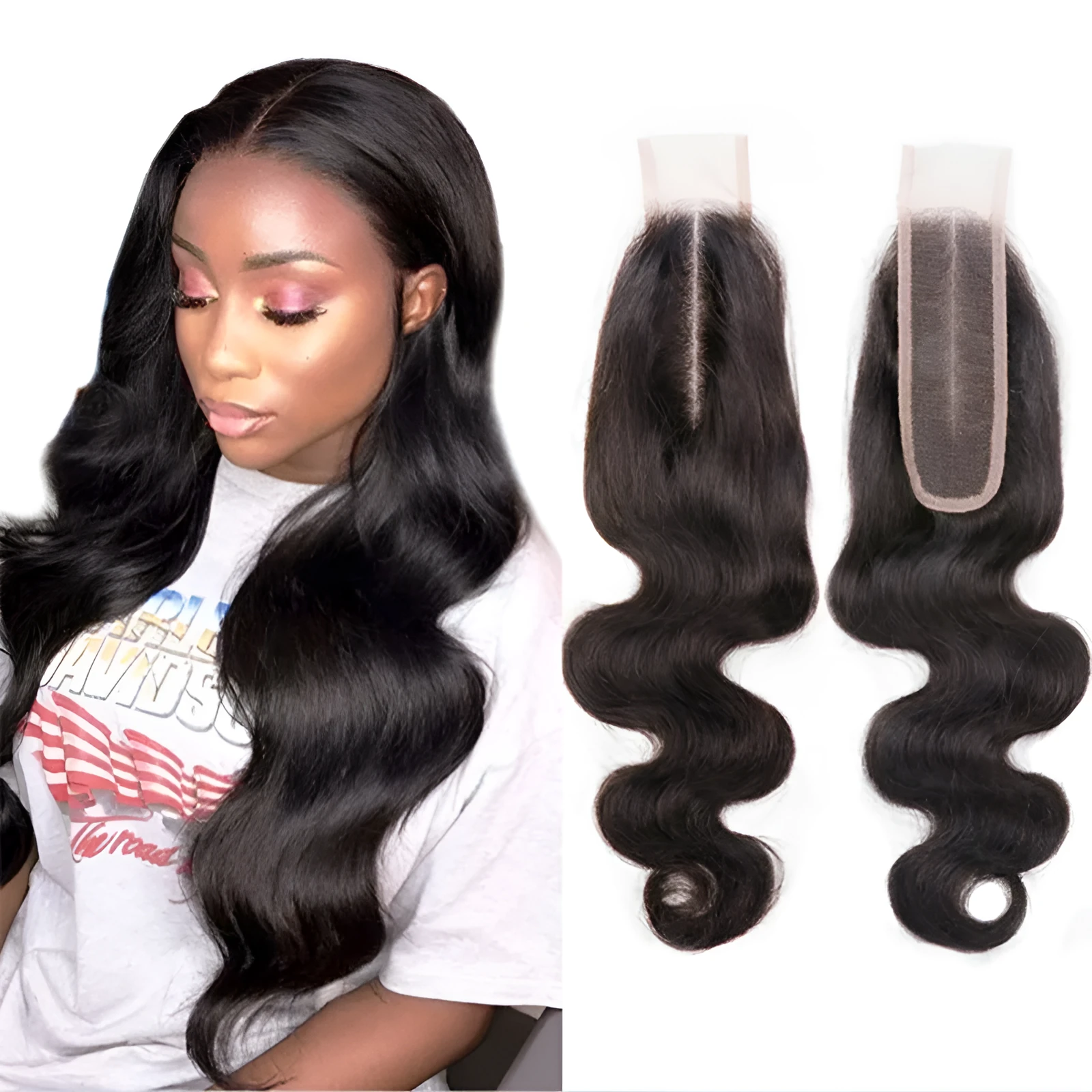 Straight human hair wig in natural colour with exotic style on display