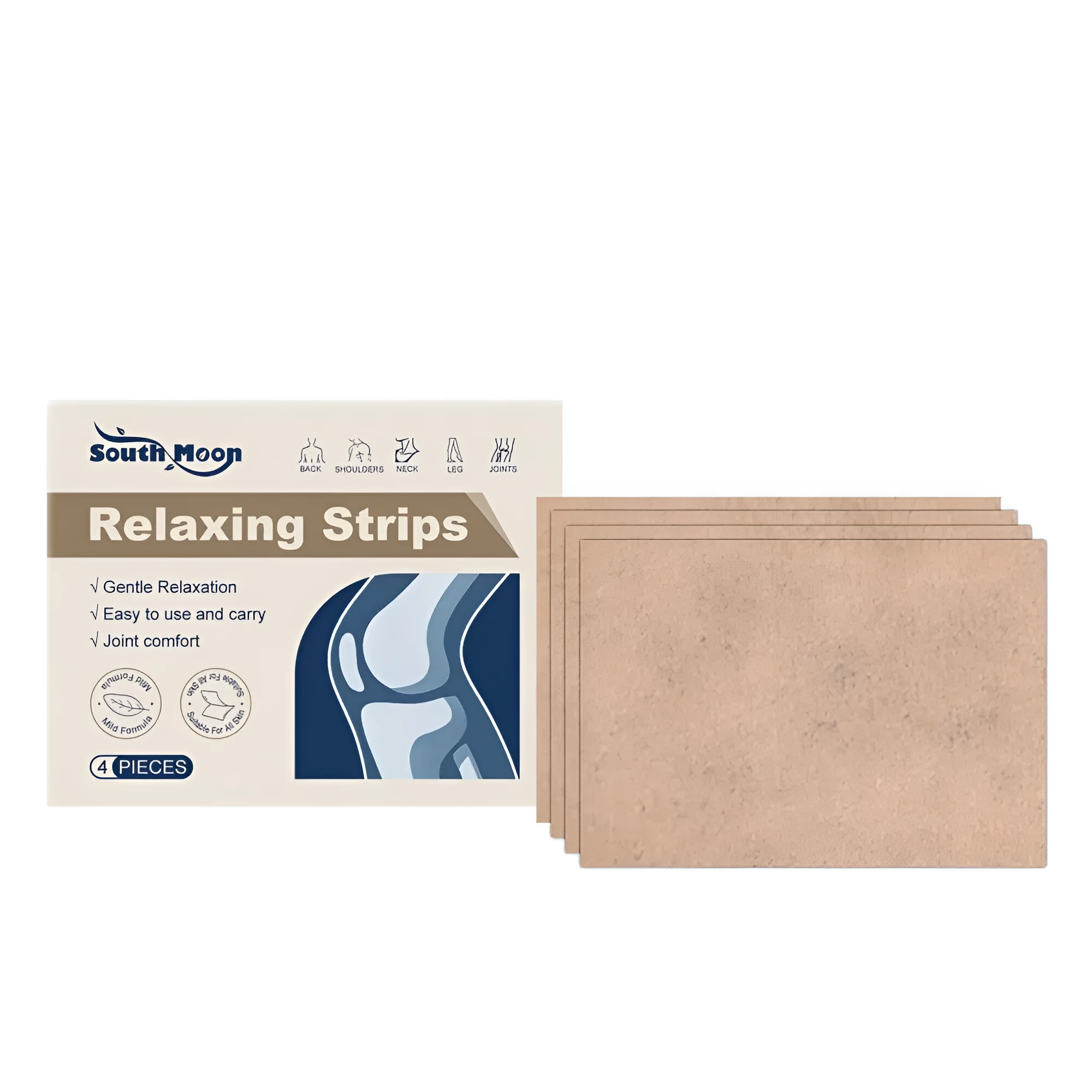 Joint And Muscle Soothing Patch 4 pack with wormwood leaves active ingredient, white patches on blue background