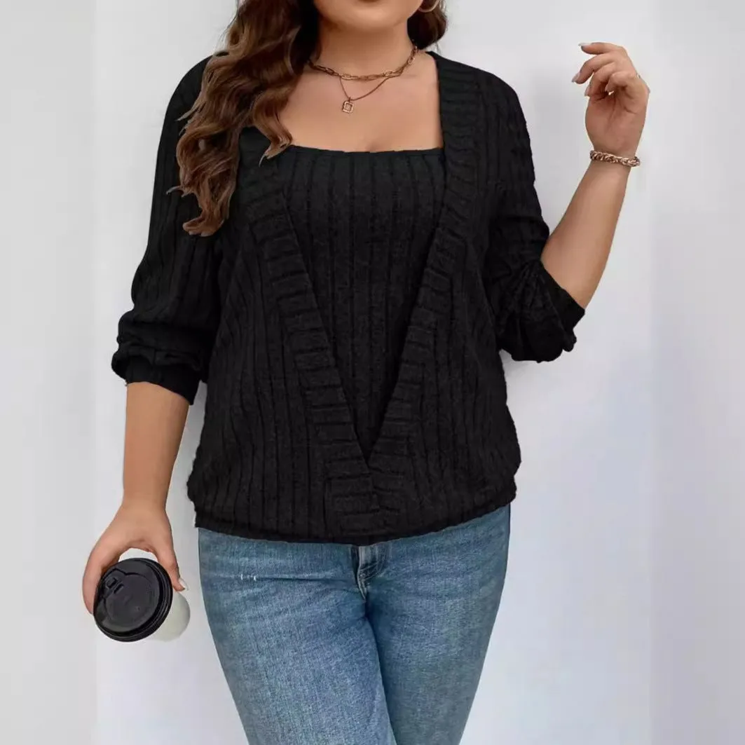 Women's loose fit long sleeve V-neck top in black ribbed polyester fabric with false two-piece suit detailing