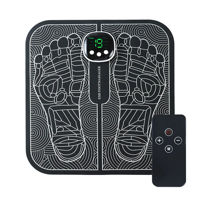 Blue rechargeable reflexology foot massager mat with remote control and USB cable