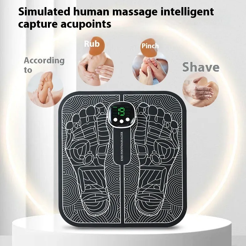 Blue rechargeable reflexology foot massager mat with remote control and USB cable