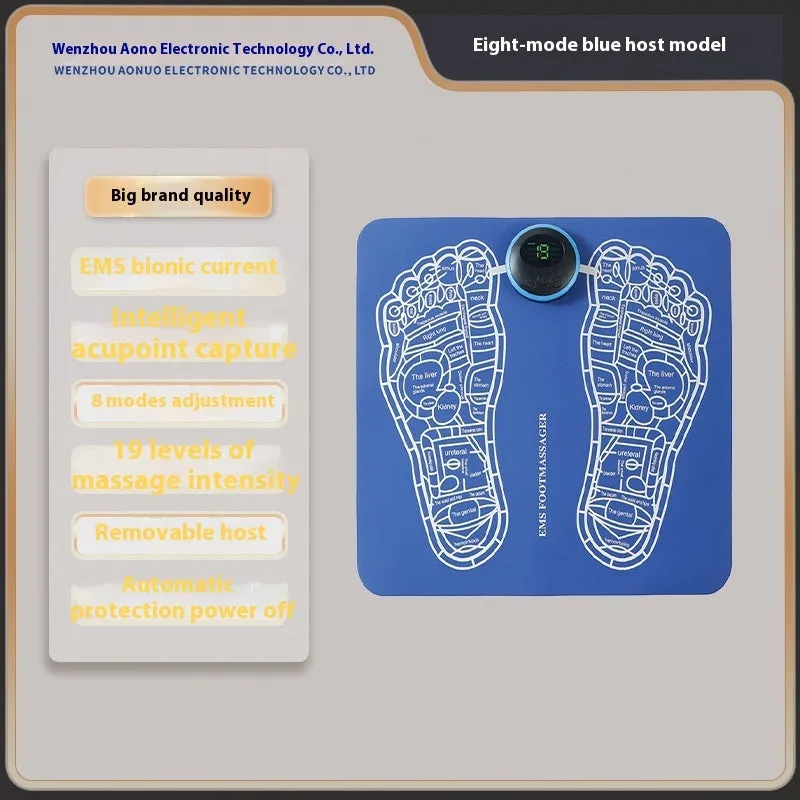 Blue rechargeable reflexology foot massager mat with remote control and USB cable