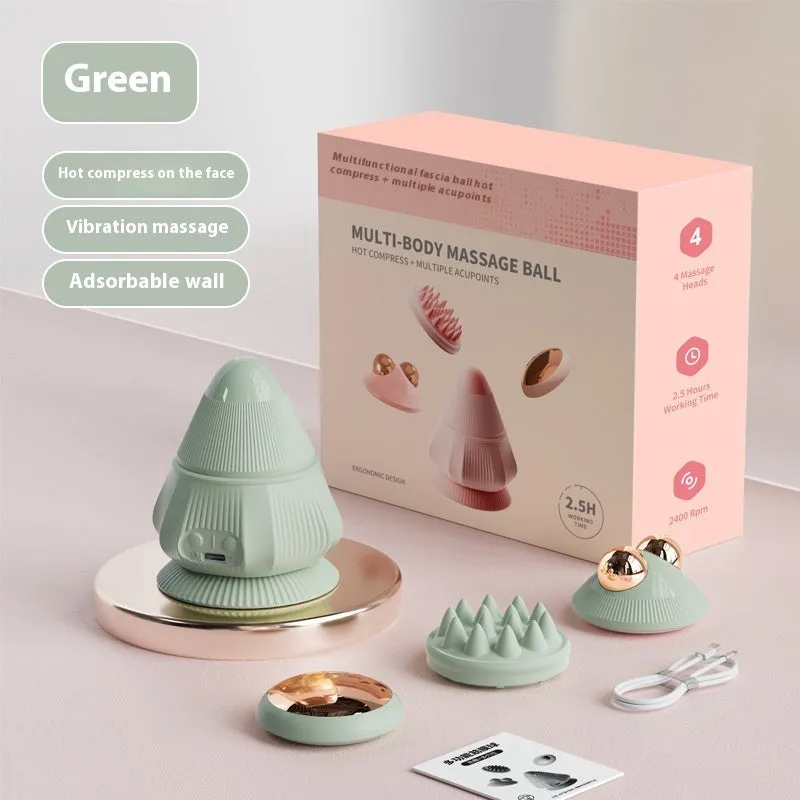 Rechargeable multi-head silicone neck massager with hot compress function in pink, gray, and green, boxed