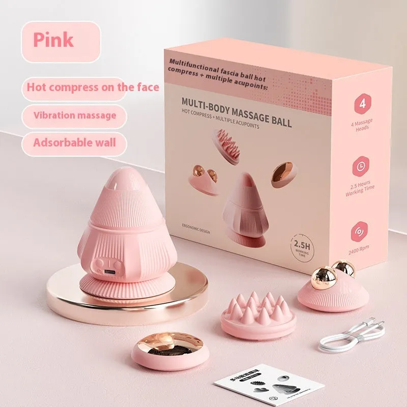 Rechargeable multi-head silicone neck massager with hot compress function in pink, gray, and green, boxed