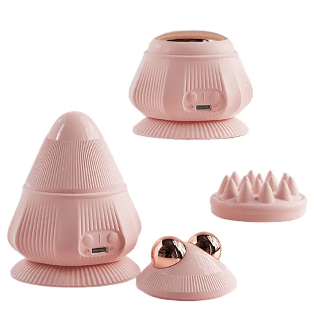 Rechargeable multi-head silicone neck massager with hot compress function in pink, gray, and green, boxed