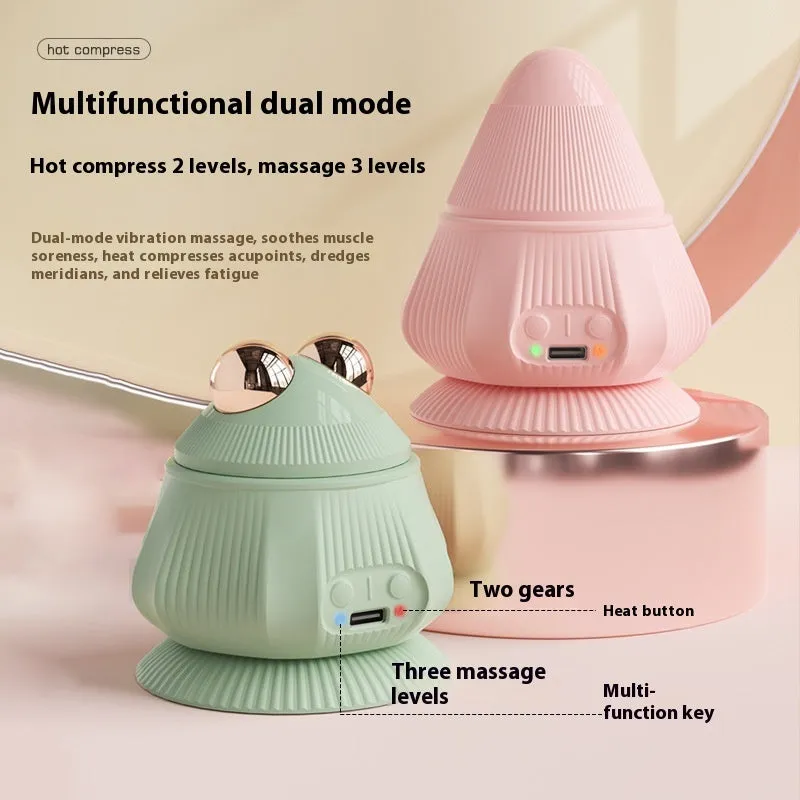 Rechargeable multi-head silicone neck massager with hot compress function in pink, gray, and green, boxed