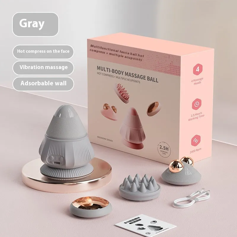 Rechargeable multi-head silicone neck massager with hot compress function in pink, gray, and green, boxed