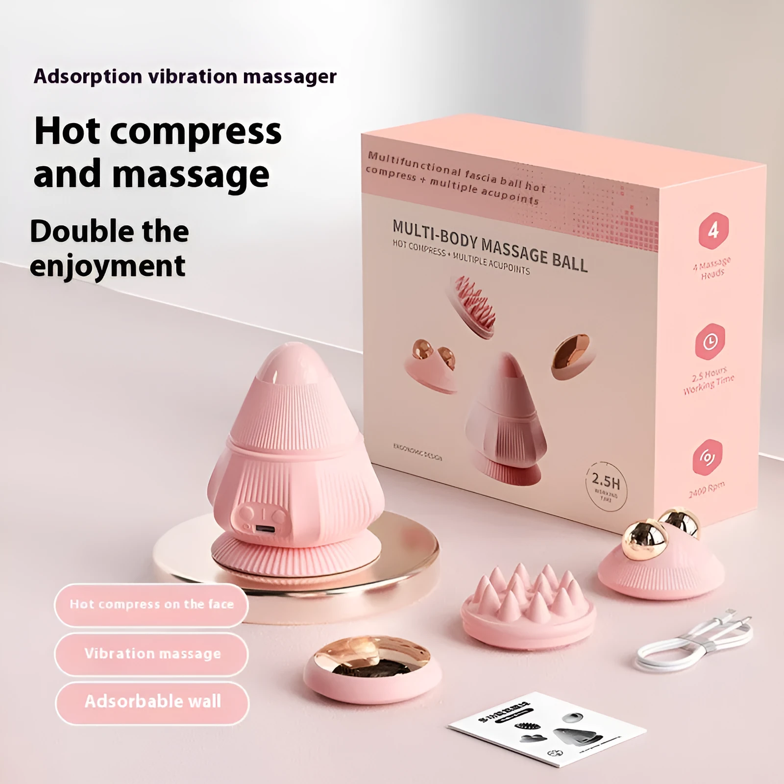 Rechargeable multi-head silicone neck massager with hot compress function in pink, gray, and green, boxed