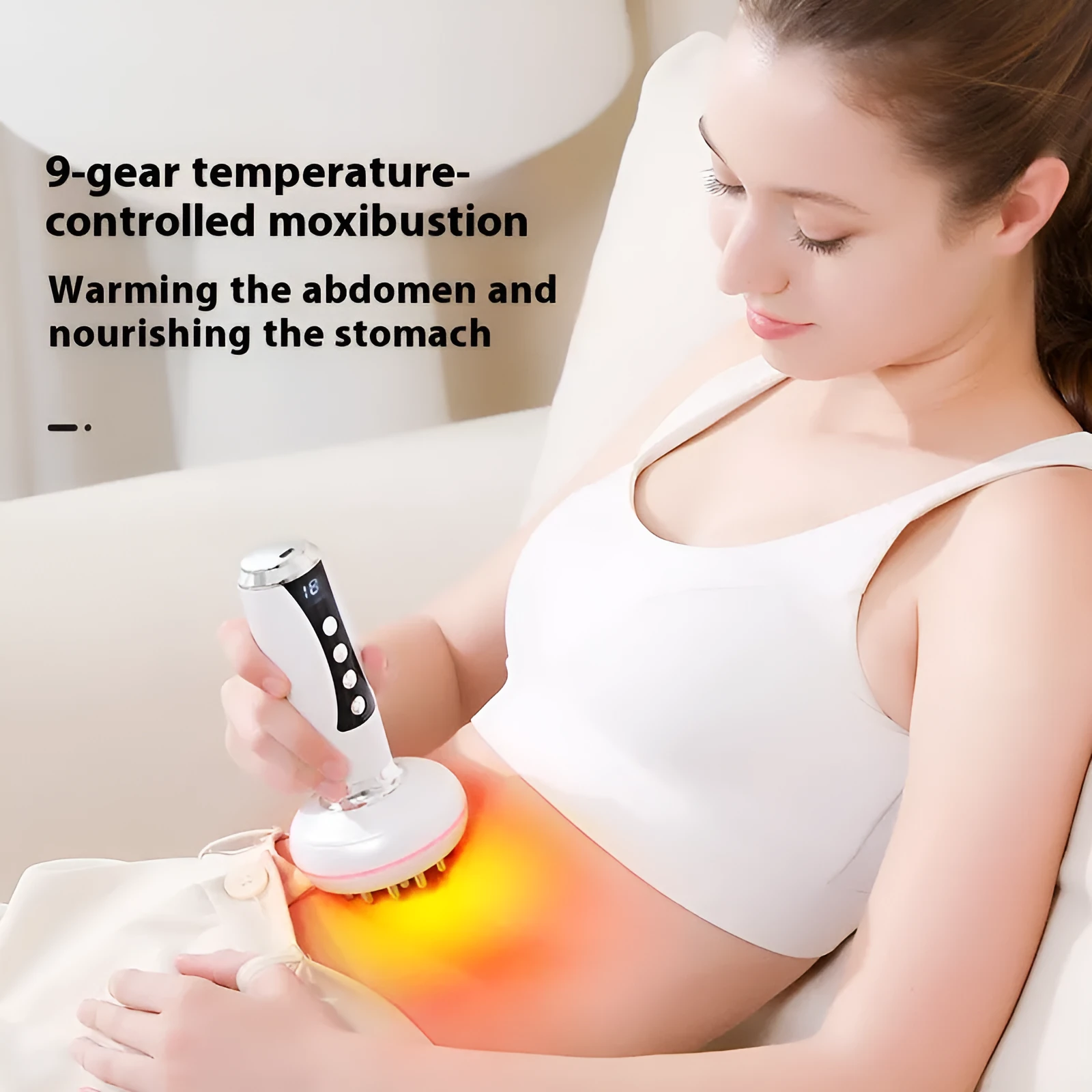 Electric full body heating massage instrument with meridian brush in white colour showing variable speed controls